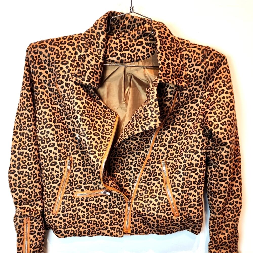 New Animal Print Moto Biker Jacket‎ Black Brown Full Zip Pockets NWOT Size S